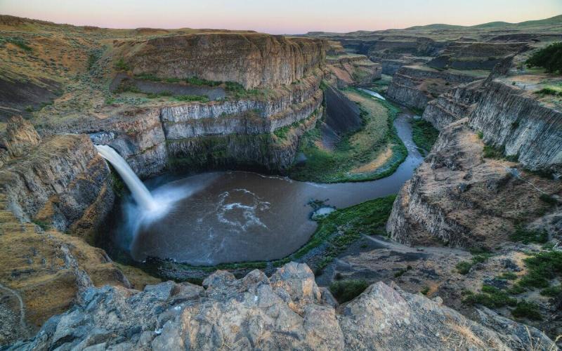 An aerial view of Palouse Falls in Washington.