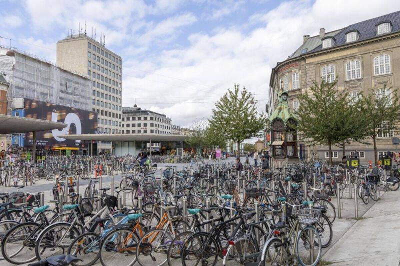 Bicycle parking zone for cyclists to leave their bicycles at Copenhagen busiest transport hub Norreport station.