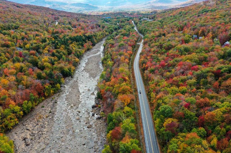Aerial view of colorful fall foliage at the White Mountain National Forest in New Hampshire, United States on October 2, 2020.