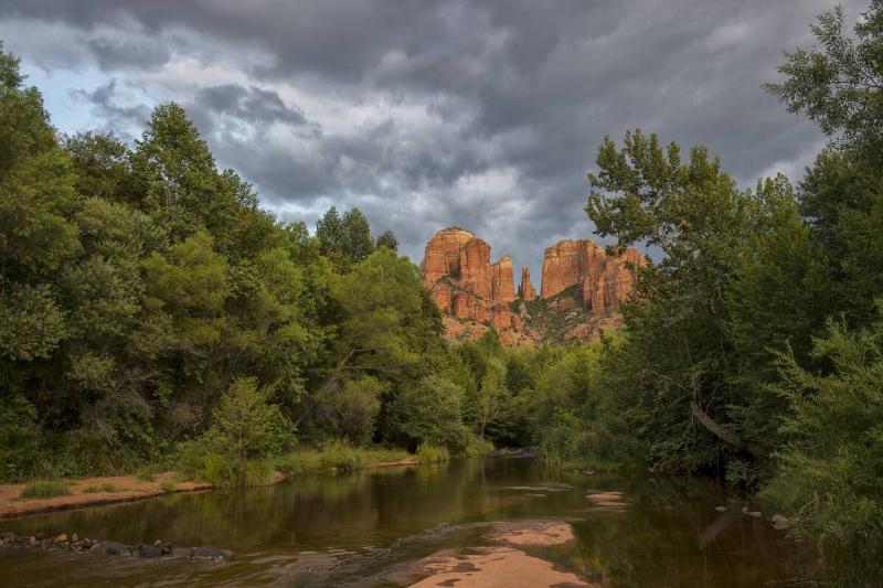 View of Cathedral Rock from Red Rock Crossing in Sedona, Arizona, USA.