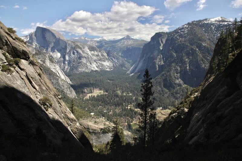 Yosemite valley, including Half Dome, is seen from Upper Yosemite Falls Trail, in Yosemite national park, California, USA.