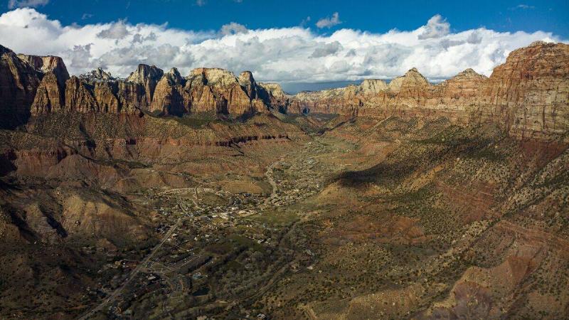 Aerial drone view of Zion National park, Springdale, Utah