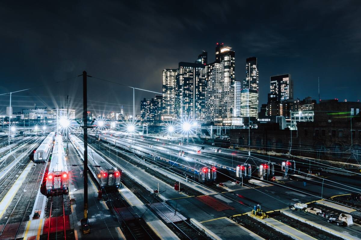 A high angle shot of the train station in New York City, United States captured at night