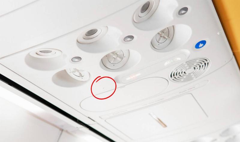 A plane's overhead panel buttons, a red circle around a small back hold next to the light panel.