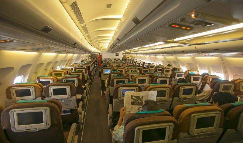 The inside of a plane.