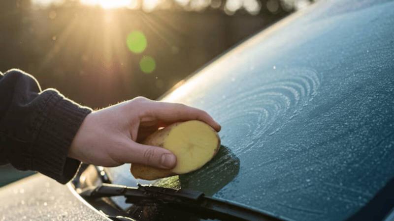A hand rubbing a cut potato on a car windshield.