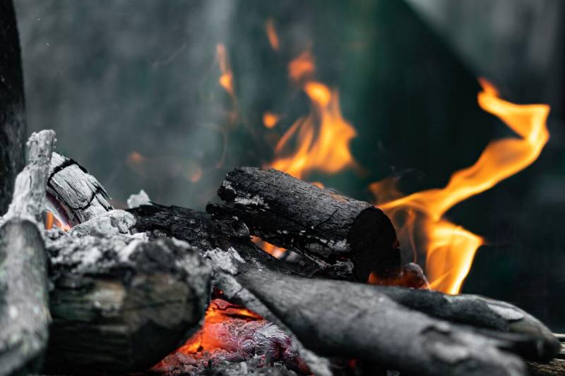 A pile of burnt logs, reduced to charcoal after a campfire.