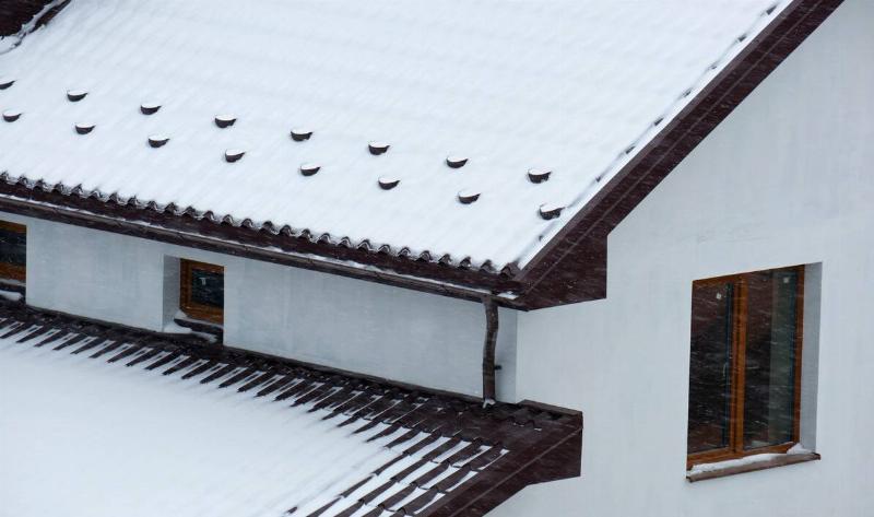 A snowy roof, some snow guards visible.