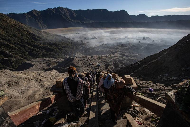 Indonesian Hindus Tenggerese worshippers gather at Mount Bromo during  the Yadnya Kasada ritual on June 22, 2024 in Probolinggo, Java, 
Indonesia.