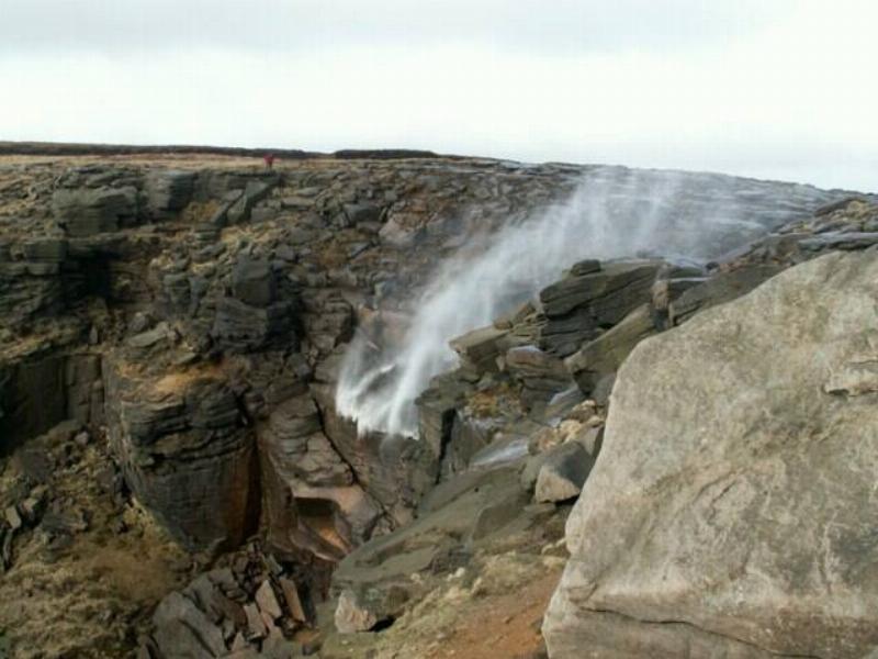 The Kinder waterfall flowing in reverse due to high winds.