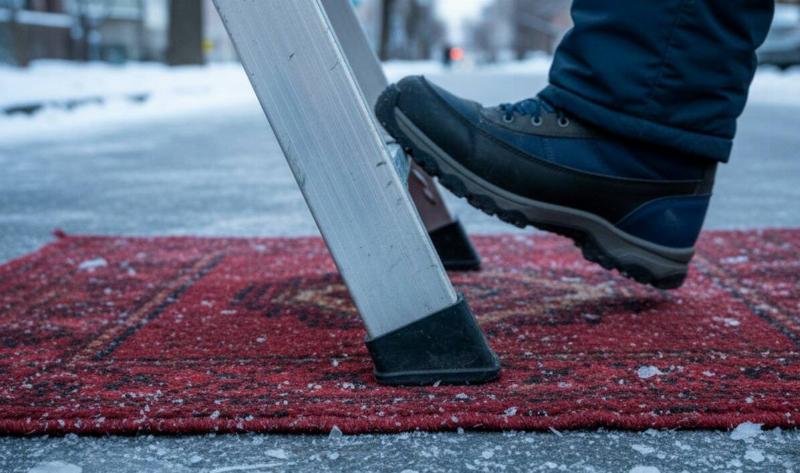 A person about to step on a ladder, a piece of carpet underneath.