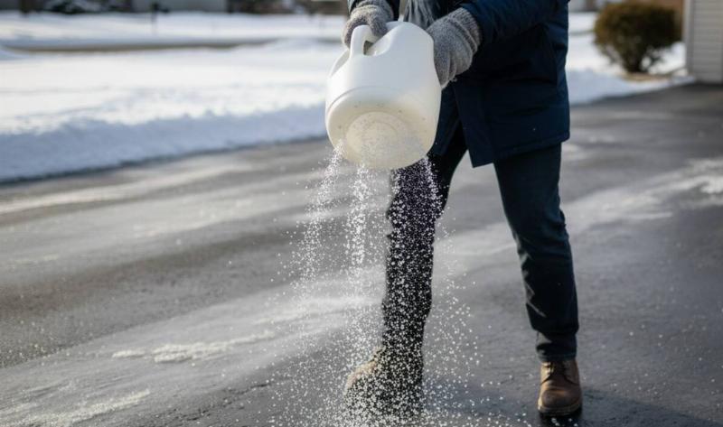 A person using a gallon jug to shake salt on their driveway.