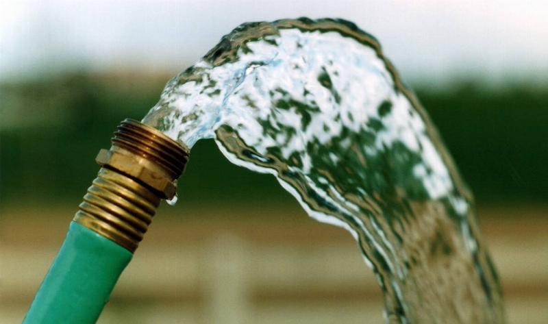 A closeup of a hose spraying water.