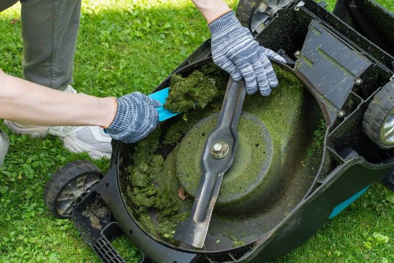 Overturned lawn mower. A person is thoroughly cleaning a lawn mower  after a day of mowing grass. The individual is using a tool to remove 
clippings and debris, ensuring the mower is well-maintained for future 
use.