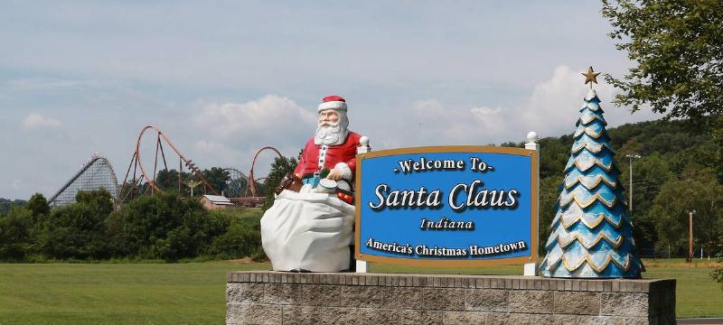 The welcome sign to Santa Claus, Indiana.
