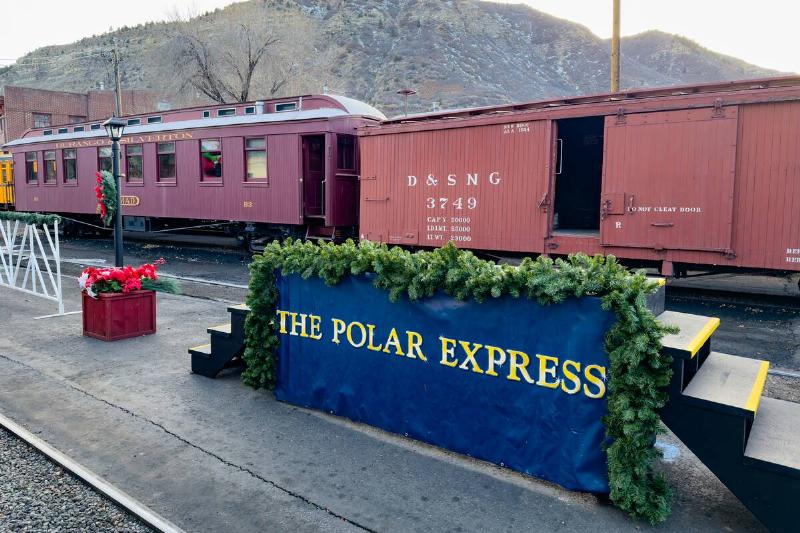 Railroad station of the Durango & Silverton Narrow Gauge Railroad  decorated for the Polar Express at Christmas in Durango, Colorado.