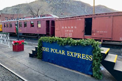 Railroad station of the Durango & Silverton Narrow Gauge Railroad  decorated for the Polar Express at Christmas in Durango, Colorado.