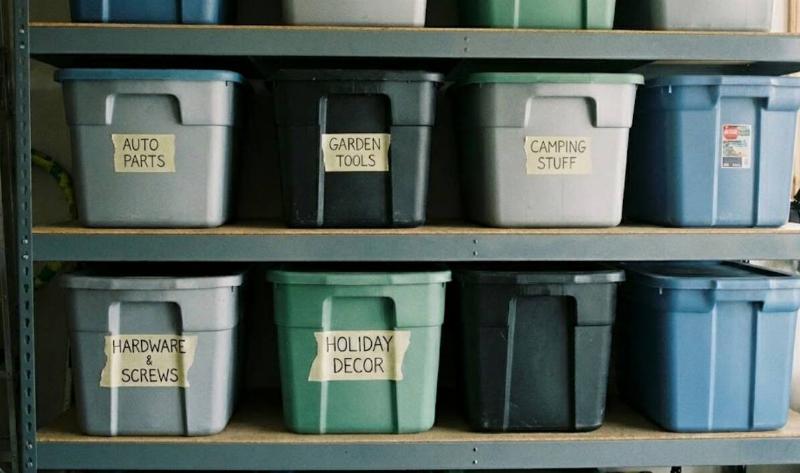 A garage shelf with labelled tote bins.
