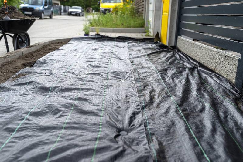The plowed garden in front of the fence in the house, covered with black agrofiber, visible black plastic pin.