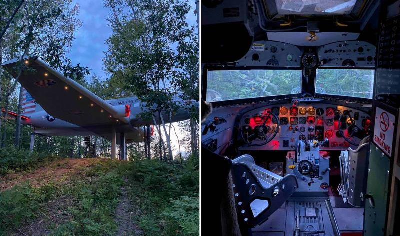 Two photos of the airbnb, one from the outside showing the plane on the hill, the other showing the cockpit.