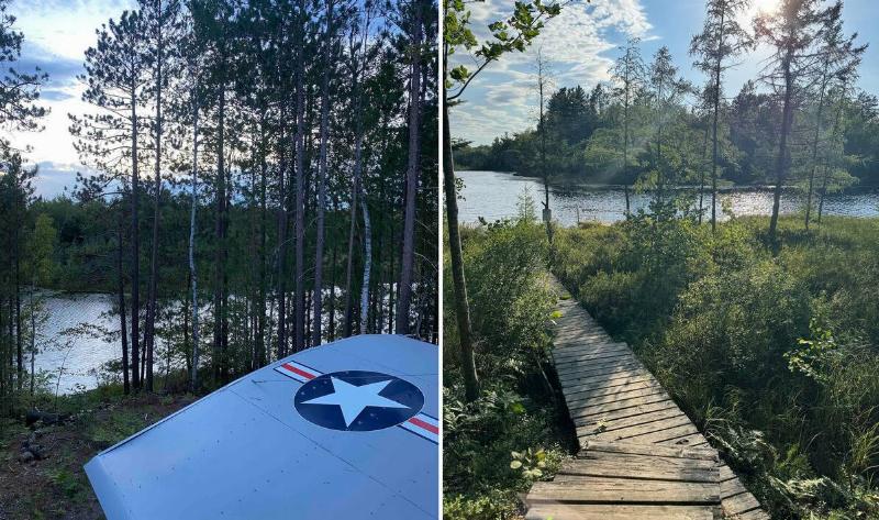Two photos of the airbnb, one showing the lake from the wing of the plant, the other showing the boardwalk to the lake.