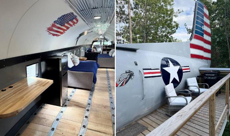 Two photos of the airbnb, one of the interior showing the beds, the other showing the deck outside with the grill.