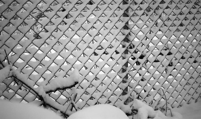 A chainlink fence with snow on it.