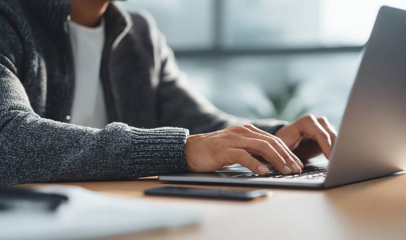 A closeup of someone typing at a laptop.