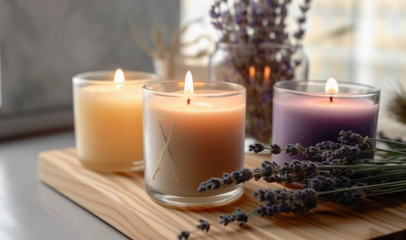 Three candles of different colors, lit and in glass holders, surrounded by bushels of lavender.