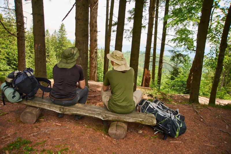 tourists sit on the log in the forest