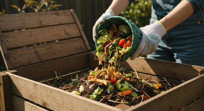 A person of mixed ethnicity is adding vegetable scraps to a wooden  compost bin in a backyard garden. The sun shines brightly as they 
promote sustainable gardening practices.