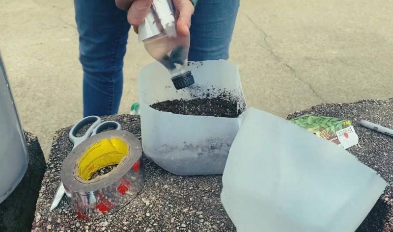 A person watering the soil and seeds in their winter sowing jug.