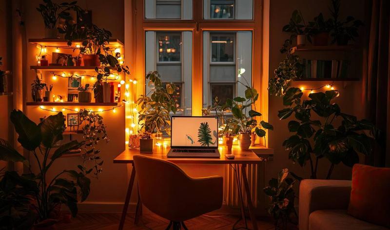 A living room desk by a window, surrounded by warm fairy lights.