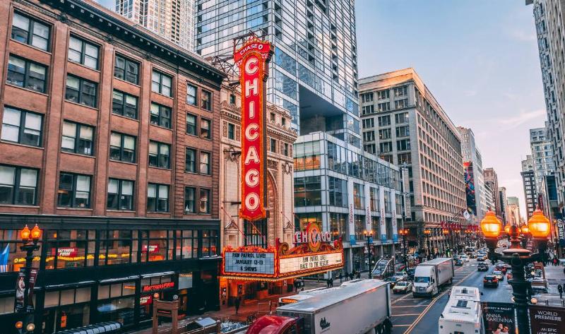 A Chicago street with a theater.