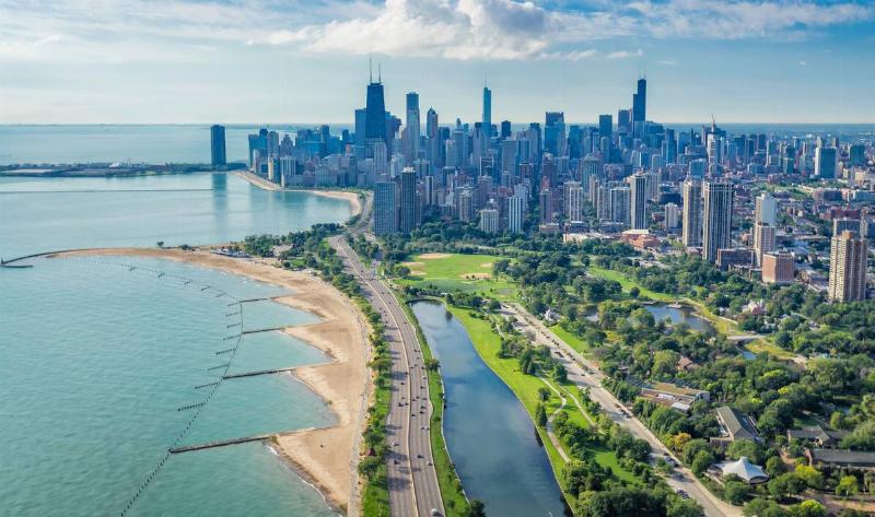 An aerial view of the Chicago skyline and shoreline.