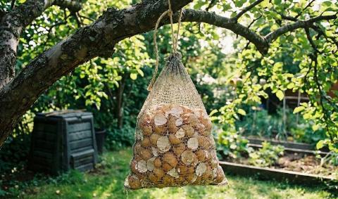 A mesh bag of eggshells hanging from a tree branch.