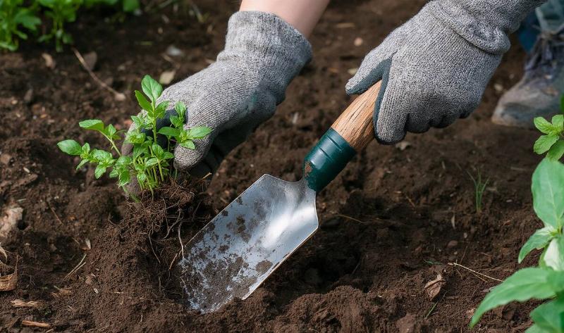 A person digging in a garden with a trowel.