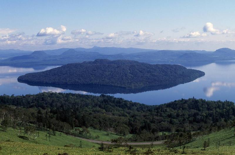Lake Kussharo (Kussaro-ko) seen from Bihoro Pass, Akan National Park, Hokkaido, Japan.