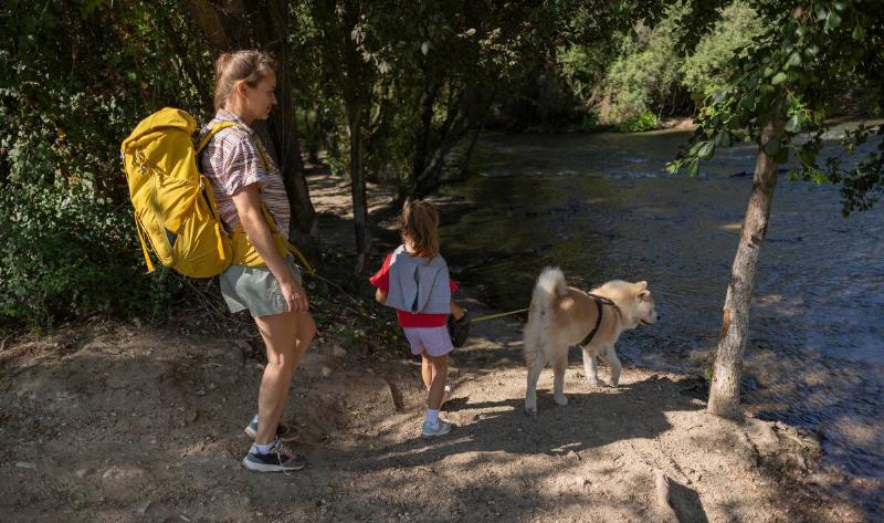 A woman and her young daughter walking on a trail, the girl holding a leash to a medium-sized dog, the woman wearing a large hiking backpack.
