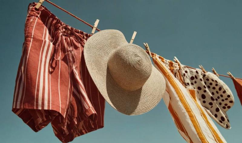 A clothesline with bathing suits hung up on it.