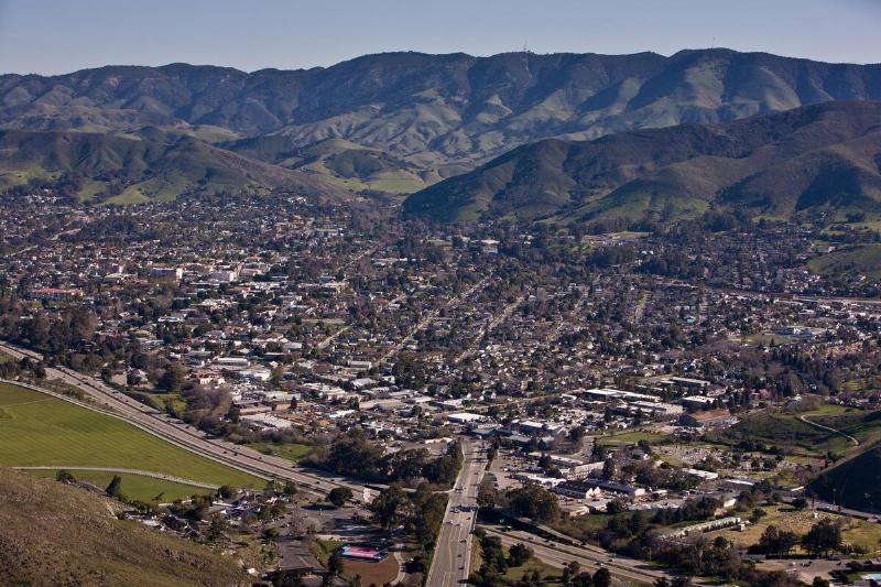 The city of San Luis Obispo is viewed from the air on February 27, 2013, in San Luis Obispo, California.