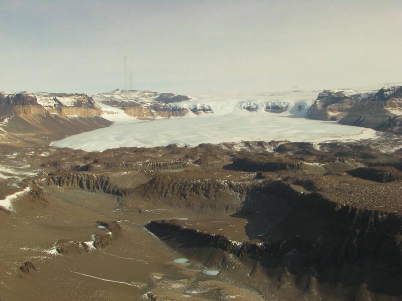 Wright Upper Glacier, Wright Valley, McMurdo Dry Valleys. Photo taken from the air looking west. Photo by Turckish D. November 2013.