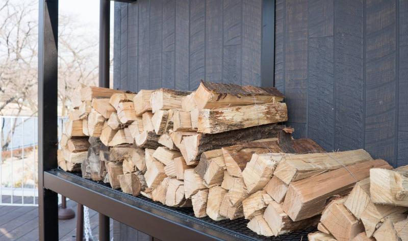 Firewood stacked on plastic shelving outside.