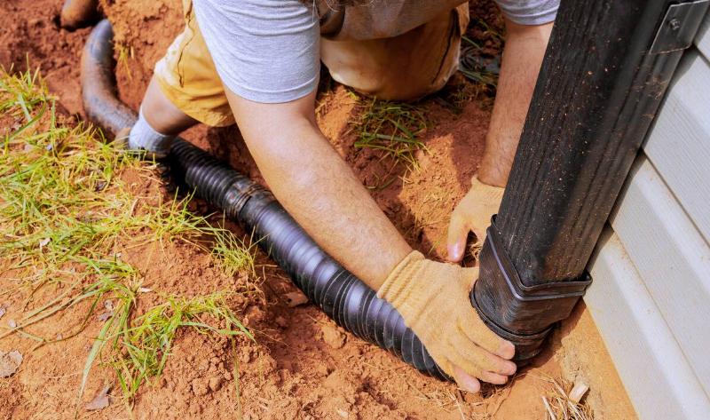 A person installing a downspout extender.