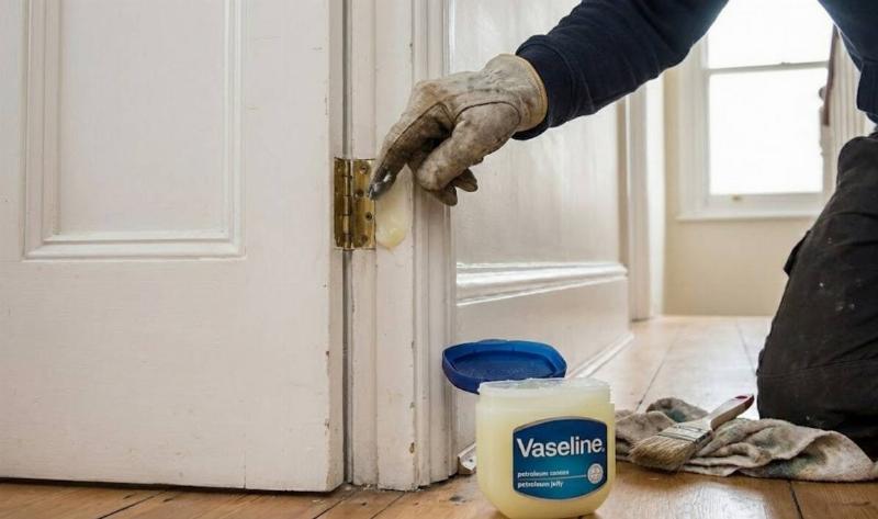 A person applying vaseline to a door hinge.
