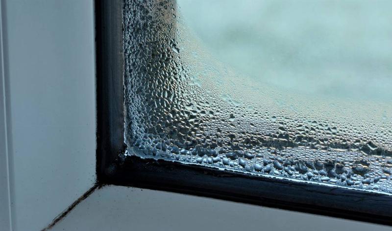 A window corner with condensation.