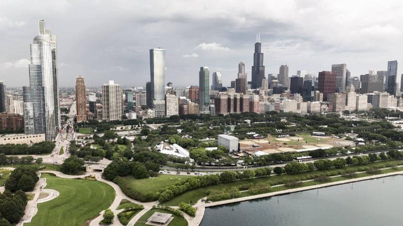 This aerial view shows Grant Park and the skyline in Chicago, Illinois, on August 1, 2024.