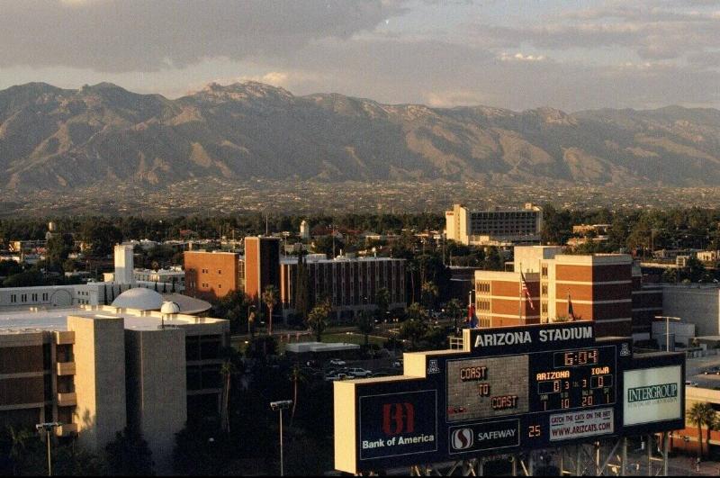 General view of the scoreboard and skyline during a game between the Arizona Wildcats and the Iowa Hawkeyes at the Arizona Stadium in Tucson, Arizona.