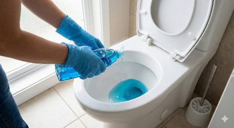 Hands pouring dish soap in toilet.