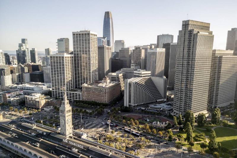 An aerial view of the downtown San Francisco skyline is seen on Thursday, July 10, 2025.